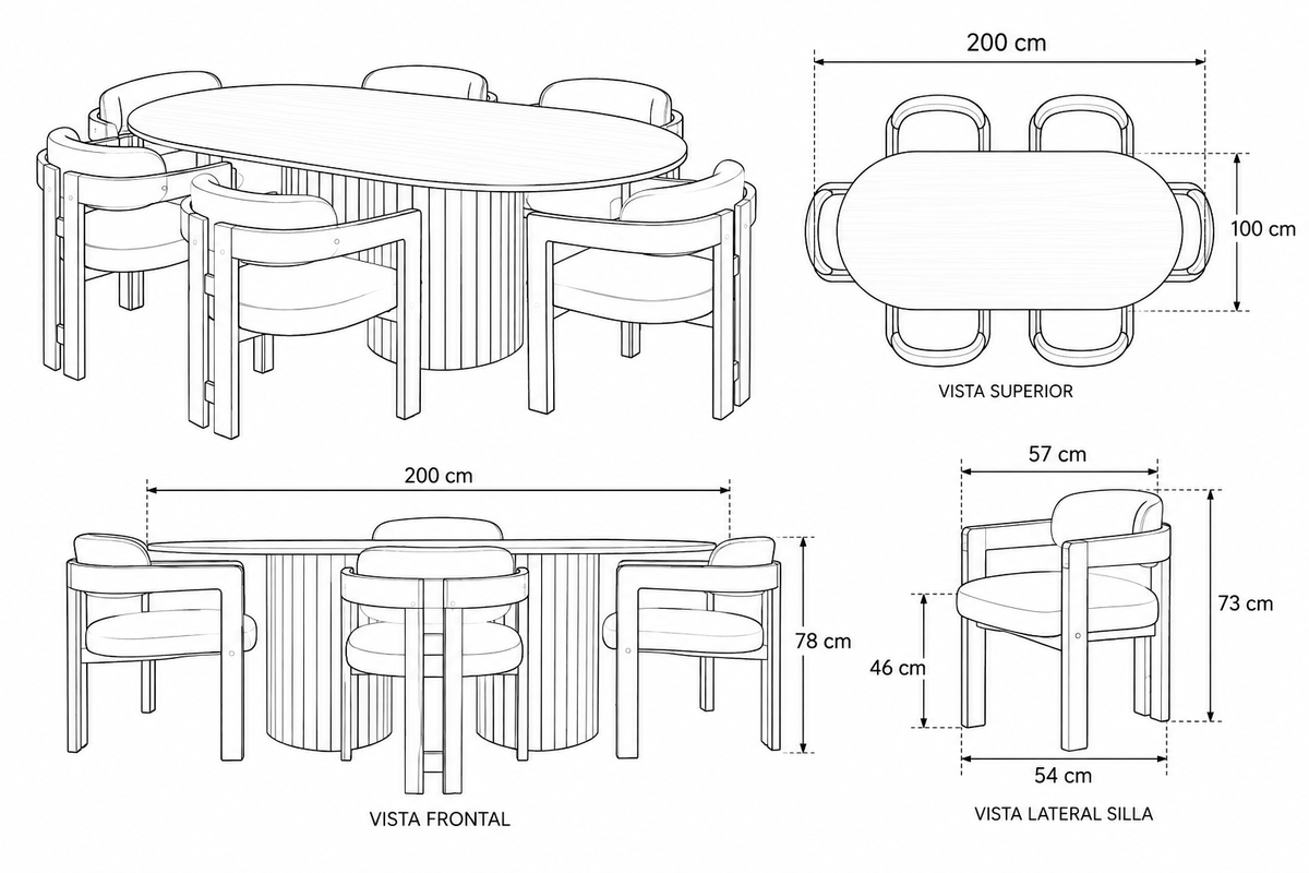 Comedor Boho curvo con 6 sillas Roma
